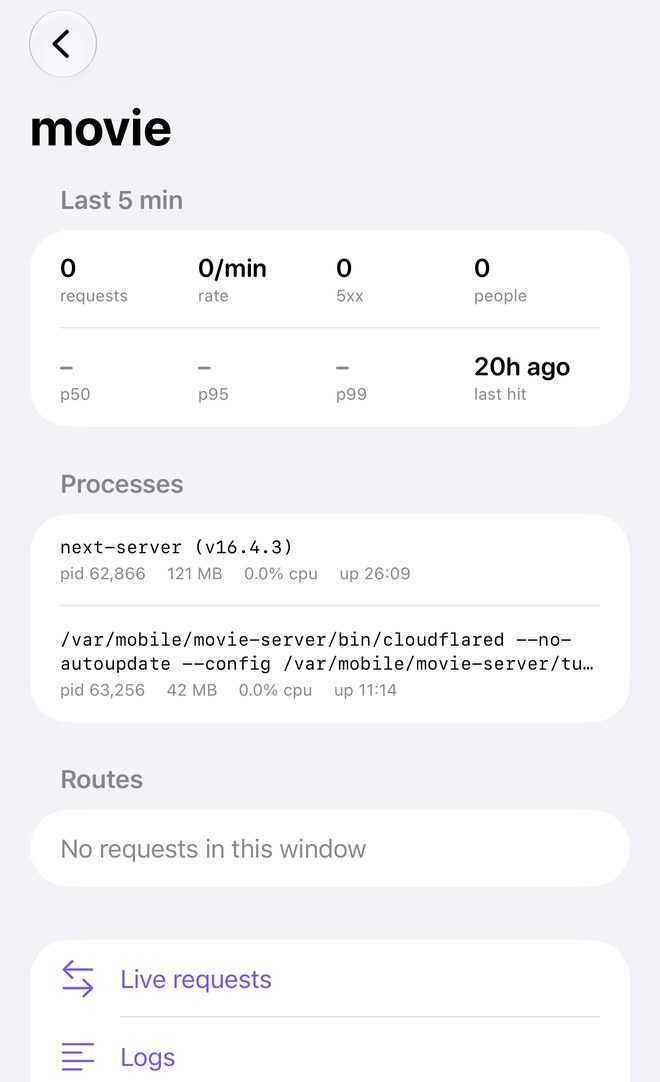 Pulse app showing the movie server's metrics